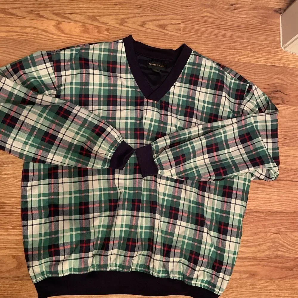 Vintage IZOD Green Blue Plaid Men's Pullover Windbreaker Jacket Size XL‎
